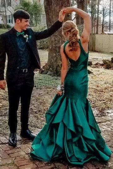 Lumidress Elegant Emerald Green Halter V-Neck Satin Mermaid Evening Gown