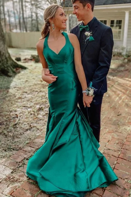Lumidress Elegant Emerald Green Halter V-Neck Satin Mermaid Evening Gown