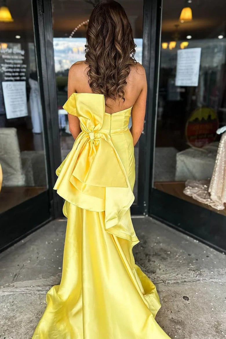 Lumidress Sunshine Yellow Strapless Satin Evening Gown with Bow Detail and Slit