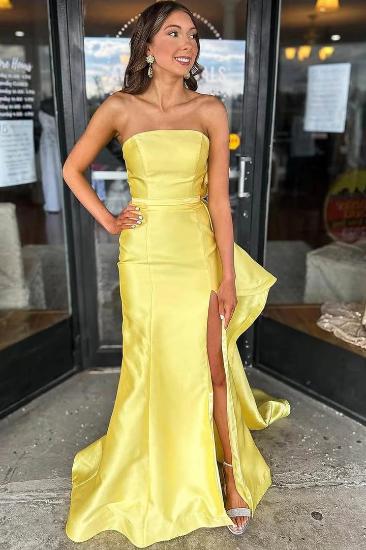Lumidress Sunshine Yellow Strapless Satin Evening Gown with Bow Detail and Slit