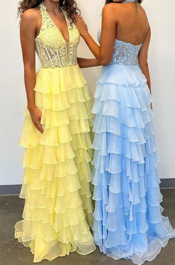 Lumidress Graceful Halter V-Neck Empire-Waist Layered Chiffon Prom Gown