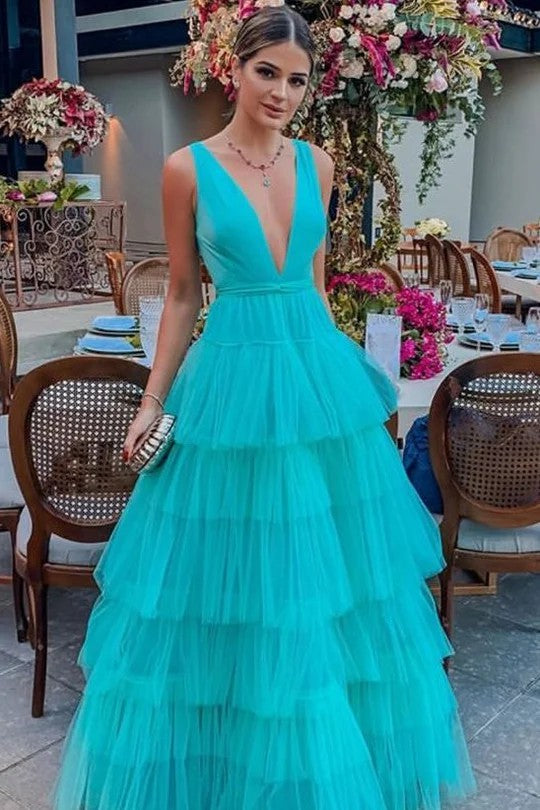 Lumidress A-Line Deep V-Neck Layered Tulle Empire-Waist Long Prom Dress