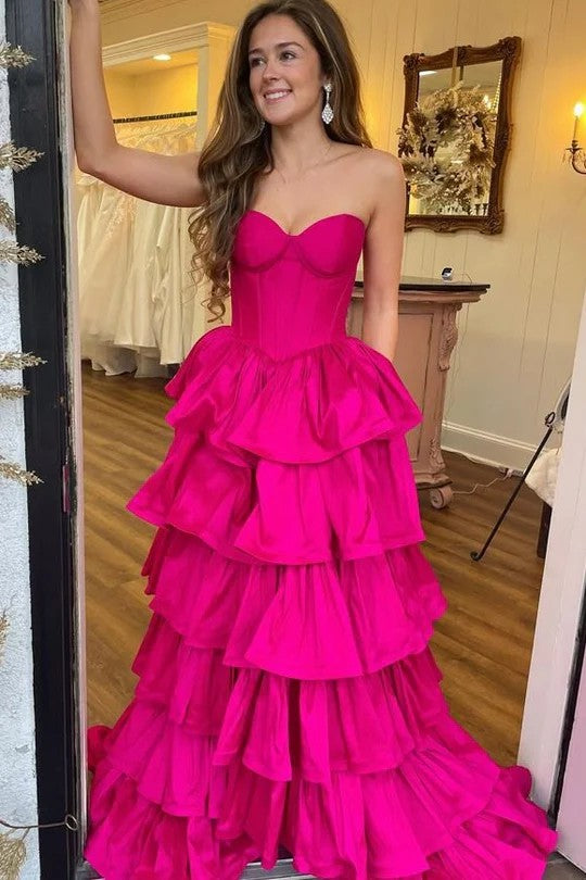 Lumidress Hot Pink Strapless Tiered Ruffle Ball Gown