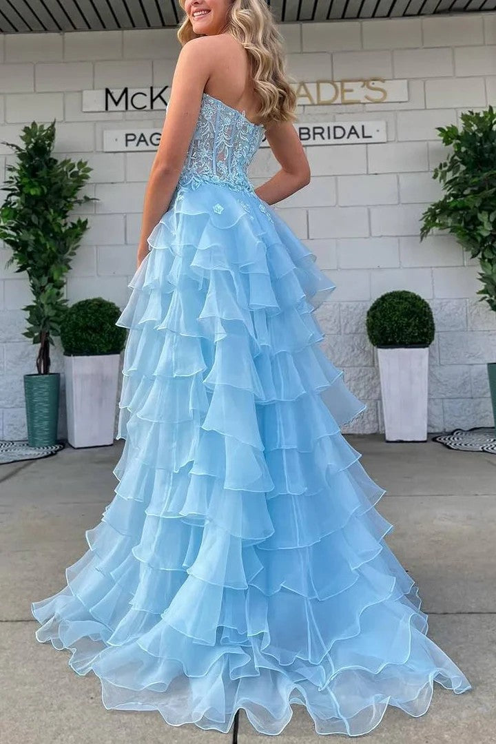 Lumidress Blue Ruffled Sweetheart Strapless A-Line Long Prom Dress with Slit