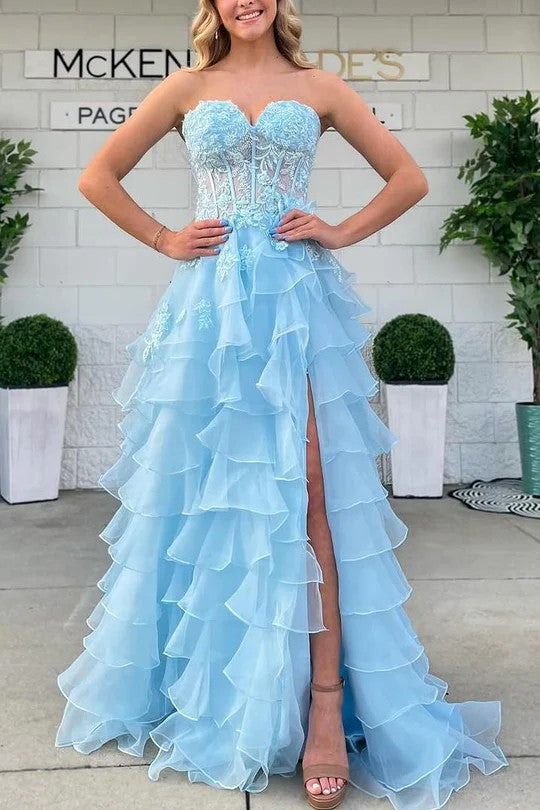 Lumidress Blue Ruffled Sweetheart Strapless A-Line Long Prom Dress with Slit