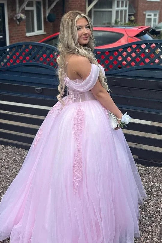 Lumidress Romantic Pink Off-Shoulder Tulle Prom Gown with Appliques and Pleats