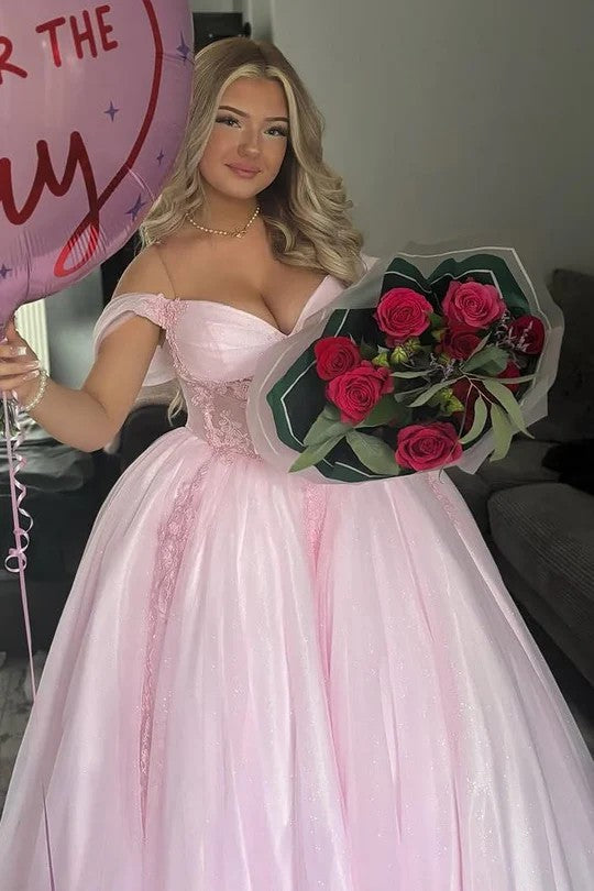 Lumidress Romantic Pink Off-Shoulder Tulle Prom Gown with Appliques and Pleats