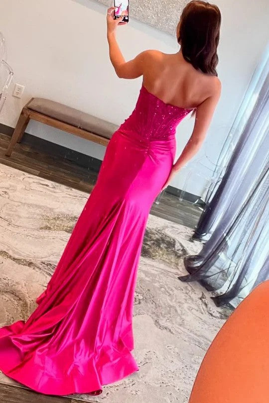 Lumidress Strapless Scoop Neck Pleated Mermaid Long Prom Dress with High Slit