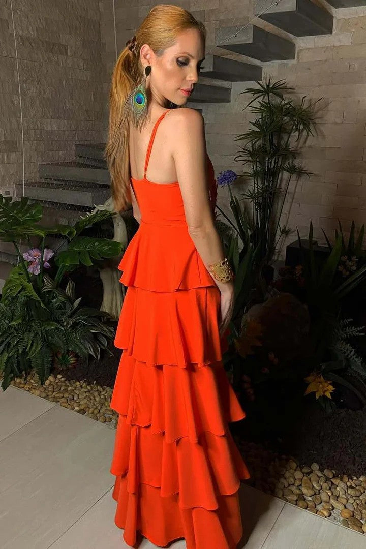 Lumidress Elegant Spaghetti Straps V-Neck Layered Long Prom Dress