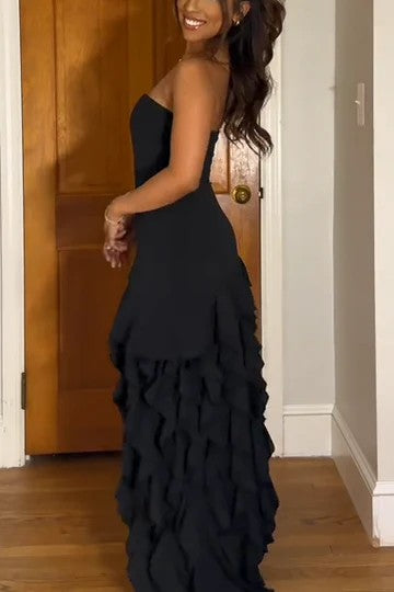 Lumidress Elegant Black Strapless Ruffled Prom Dress with Dramatic High Slit