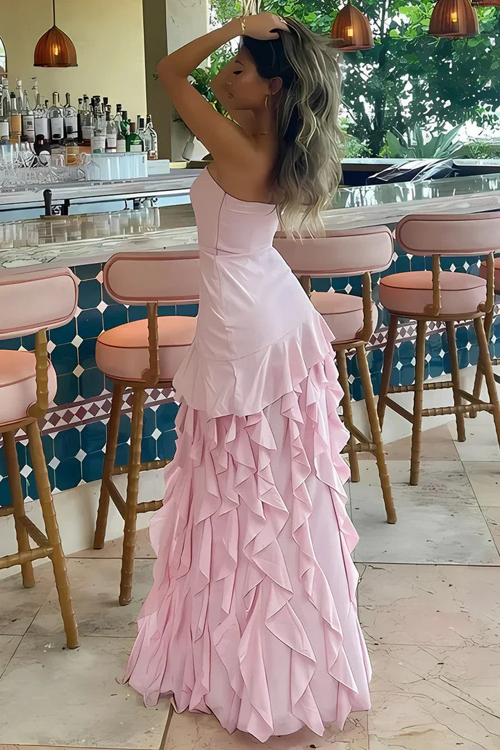 Lumidress Elegant Black Strapless Ruffled Prom Dress with Dramatic High Slit