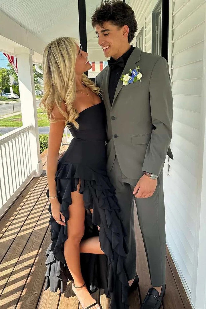Lumidress Elegant Black Strapless Ruffled Prom Dress with Dramatic High Slit