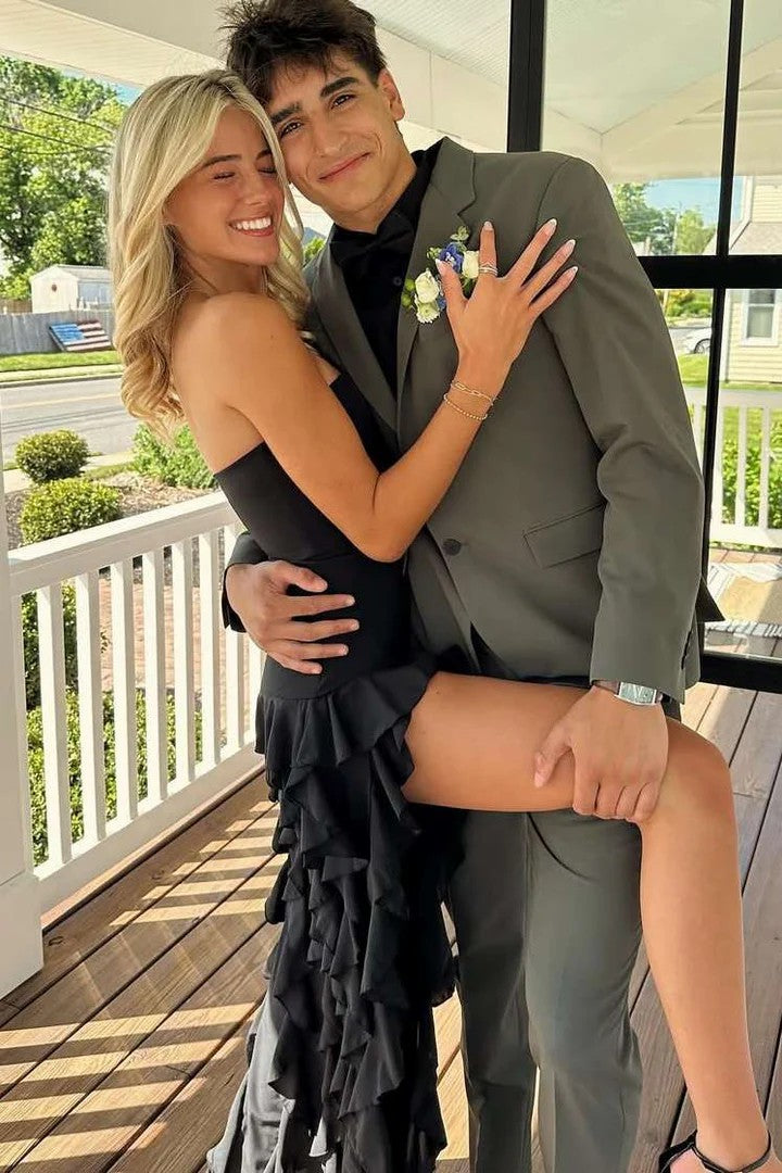 Lumidress Elegant Black Strapless Ruffled Prom Dress with Dramatic High Slit