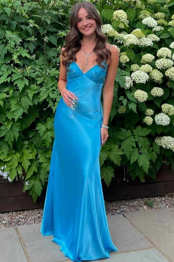 Lumidress Classy V-Neck Spaghetti Strap Beaded Long Prom Dress with Bow
