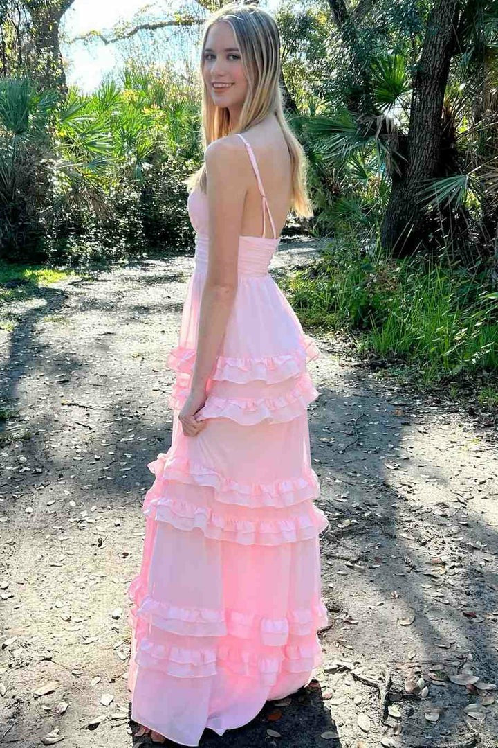 Lumidress Spaghetti Straps Chiffon A-Line Prom Dress with Ruffles and Empire Waist