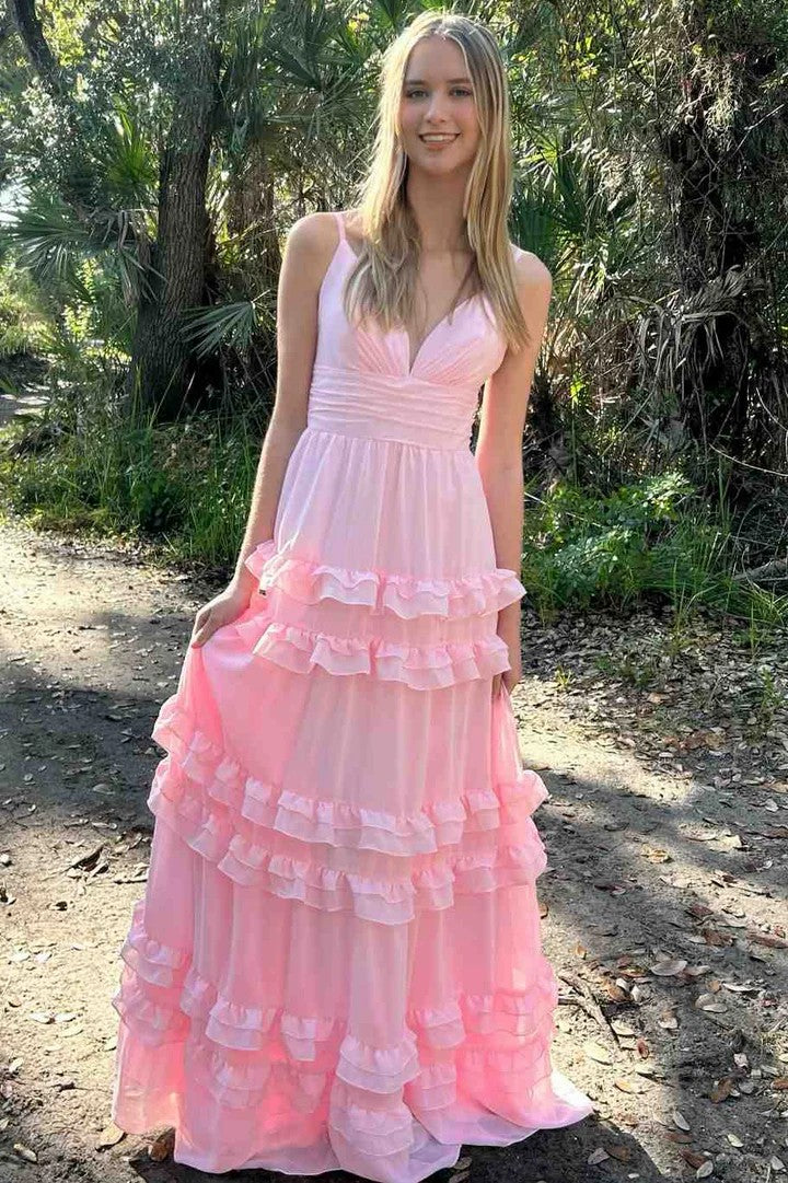 Lumidress Spaghetti Straps Chiffon A-Line Prom Dress with Ruffles and Empire Waist
