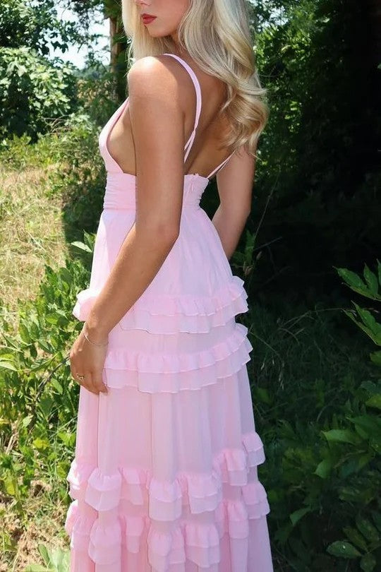 Lumidress Spaghetti Straps Chiffon A-Line Prom Dress with Ruffles and Empire Waist
