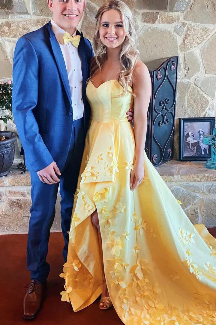 Lumidress Yellow Strapless High-Low A-Line Prom Dress with 3D Floral Appliqués