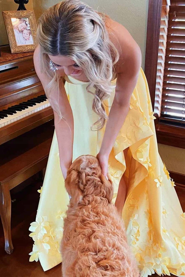 Lumidress Yellow Strapless High-Low A-Line Prom Dress with 3D Floral Appliqués