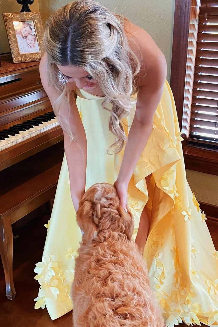 Lumidress Yellow Strapless High-Low A-Line Prom Dress with 3D Floral Appliqués