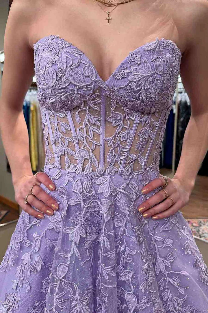 Lumidress Lilac Strapless A-Line Floor-Length Prom Dress with Lace Appliqués