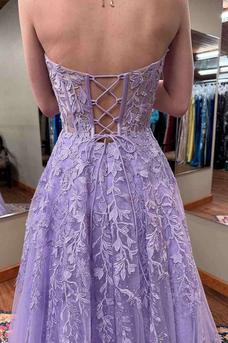 Lumidress Lilac Strapless A-Line Floor-Length Prom Dress with Lace Appliqués