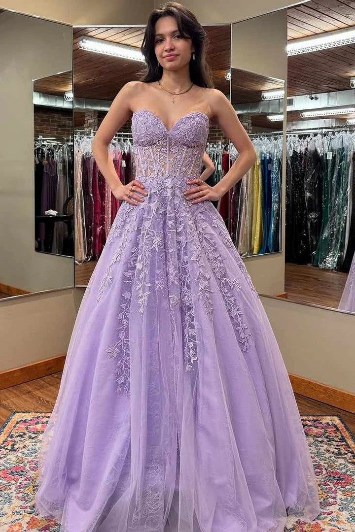 Lumidress Lilac Strapless A-Line Floor-Length Prom Dress with Lace Appliqués