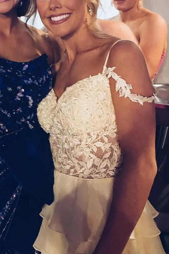 Lumidress A-Line Empire Waist Cold Shoulder Tiered Chiffon Long Prom Dress