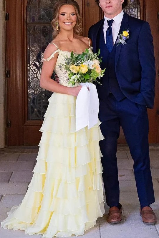 Lumidress A-Line Empire Waist Cold Shoulder Tiered Chiffon Long Prom Dress