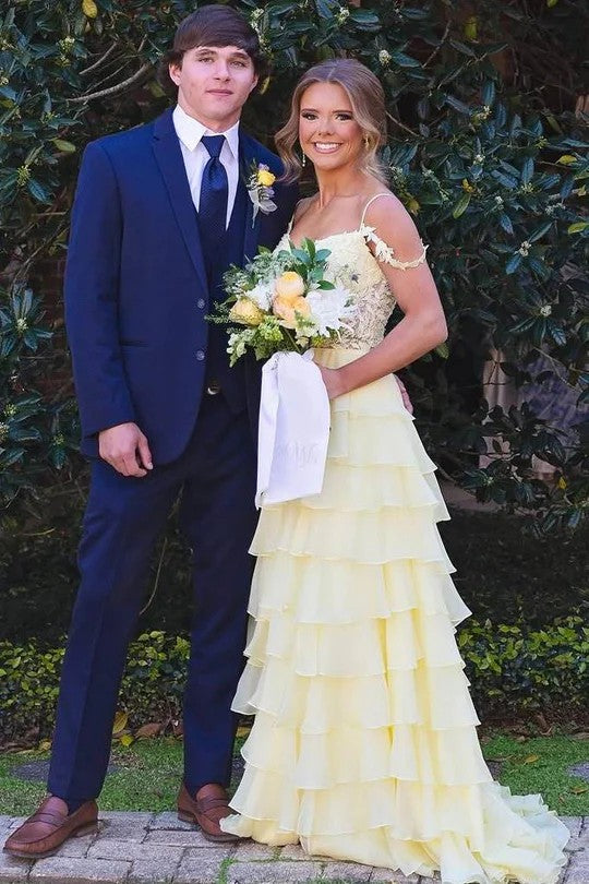 Lumidress A-Line Empire Waist Cold Shoulder Tiered Chiffon Long Prom Dress