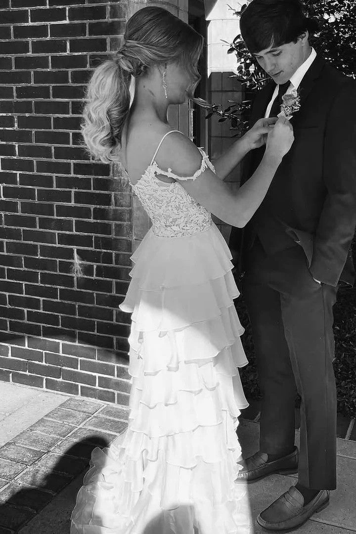 Lumidress A-Line Empire Waist Cold Shoulder Tiered Chiffon Long Prom Dress