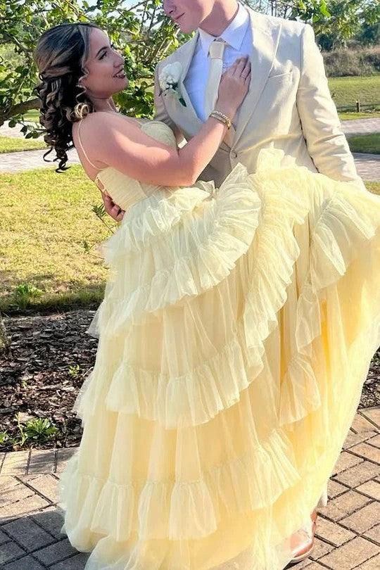 Lumidress Yellow Spaghetti Straps A-Line Layered Ruffle Tulle Prom Gown