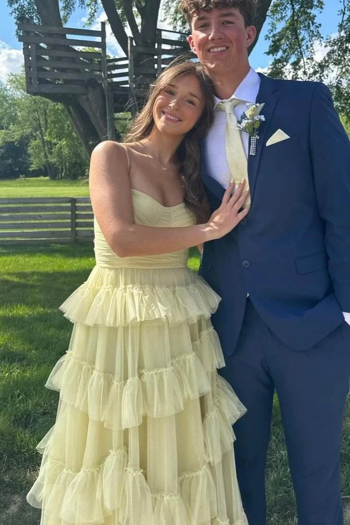 Lumidress Yellow Spaghetti Straps A-Line Layered Ruffle Tulle Prom Gown