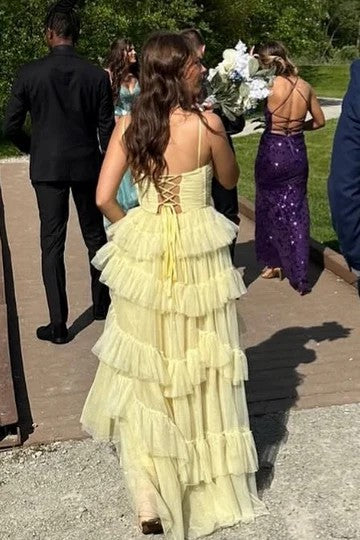Lumidress Yellow Spaghetti Straps A-Line Layered Ruffle Tulle Prom Gown