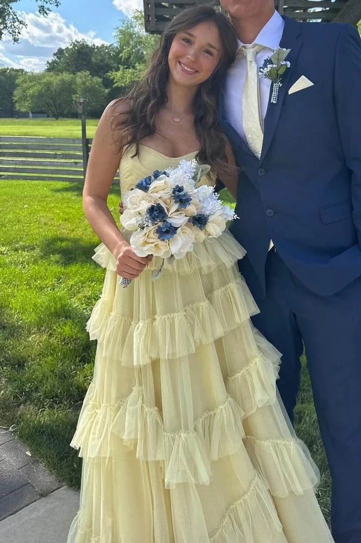 Lumidress Yellow Spaghetti Straps A-Line Layered Ruffle Tulle Prom Gown