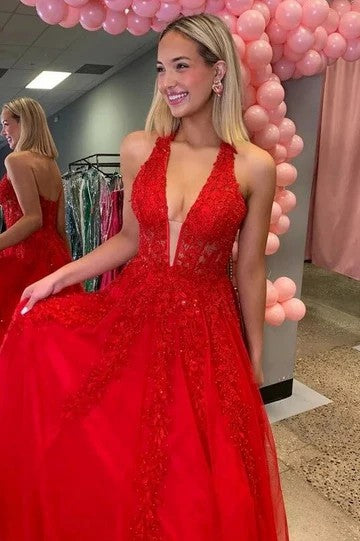 Lumidress Red Halter V-Neck A-Line Prom Dress with Lace Appliqués