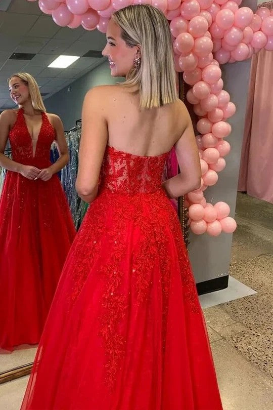 Lumidress Red Halter V-Neck A-Line Prom Dress with Lace Appliqués