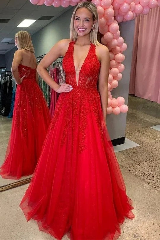 Lumidress Red Halter V-Neck A-Line Prom Dress with Lace Appliqués