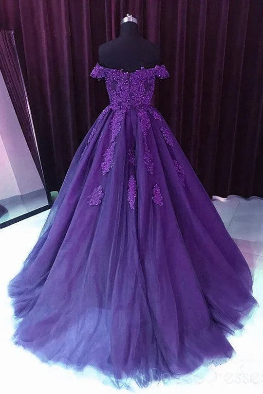 Lumidress Elegant Purple Off-the-Shoulder Sweetheart Lace Appliqué A-Line Prom Gown