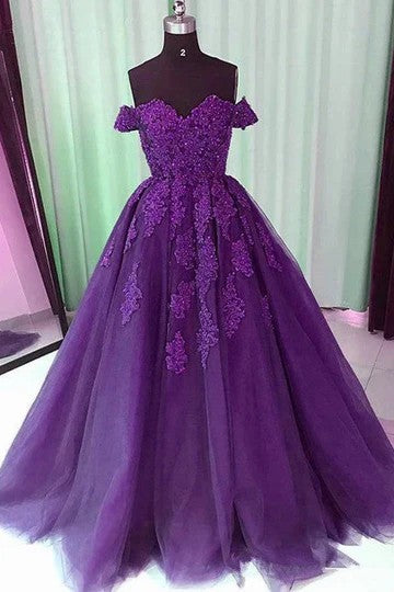 Lumidress Elegant Purple Off-the-Shoulder Sweetheart Lace Appliqué A-Line Prom Gown
