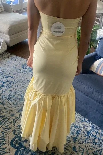 Lumidress Elegant Yellow Strapless Ruffle Mermaid Prom Gown with Slit