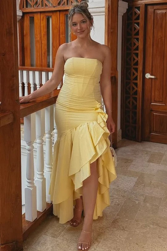 Lumidress Elegant Yellow Strapless Ruffle Mermaid Prom Gown with Slit