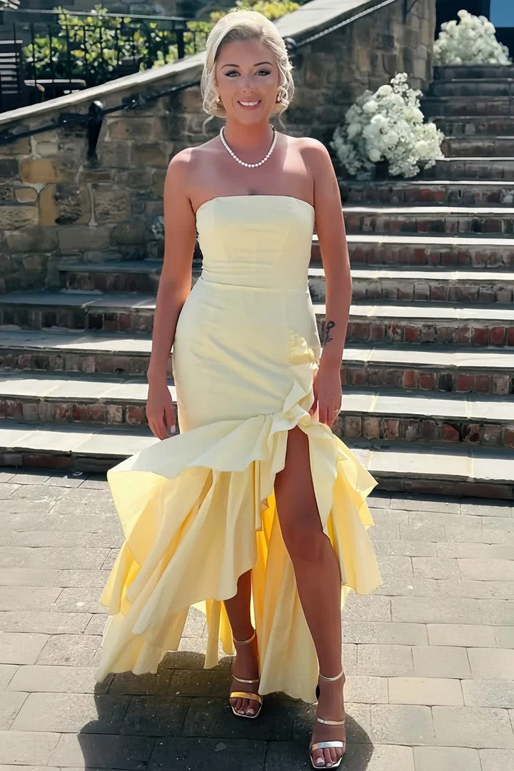 Lumidress Elegant Yellow Strapless Ruffle Mermaid Prom Gown with Slit