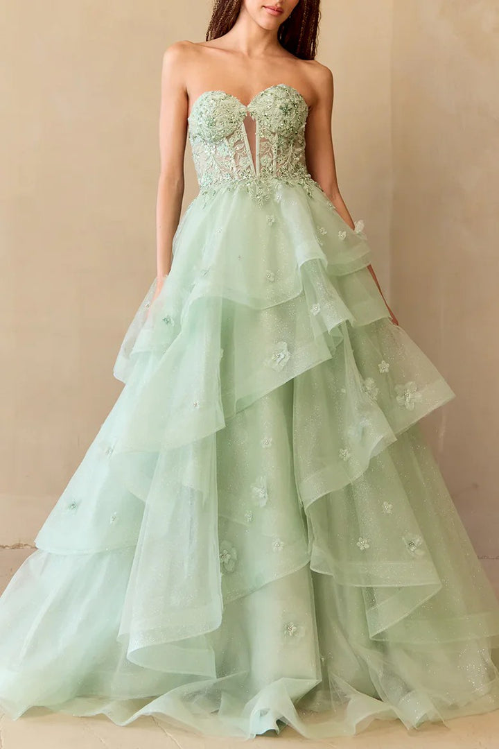 Lumidress Strapless Ball-Gown Prom Dress with Layered Ruffles and Floral Appliqués