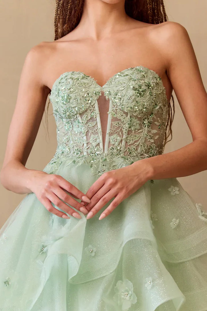 Lumidress Strapless Ball-Gown Prom Dress with Layered Ruffles and Floral Appliqués