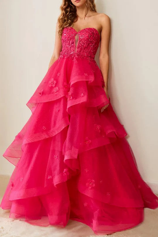 Lumidress Strapless Ball-Gown Prom Dress with Layered Ruffles and Floral Appliqués