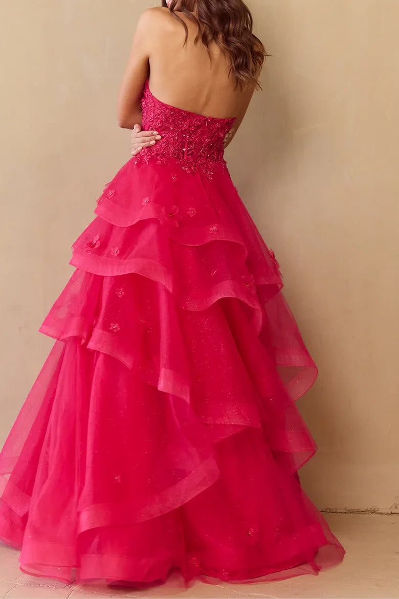 Lumidress Strapless Ball-Gown Prom Dress with Layered Ruffles and Floral Appliqués