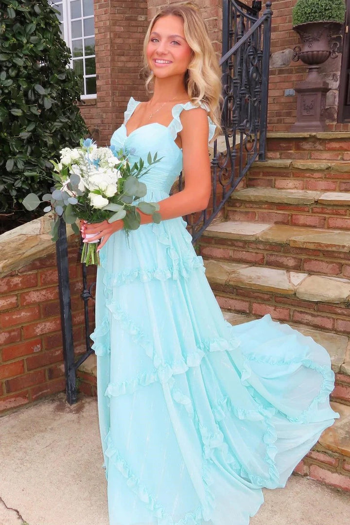 Lumidress Blue A-Line Sweetheart Long Prom Dress with Ruffle Detail
