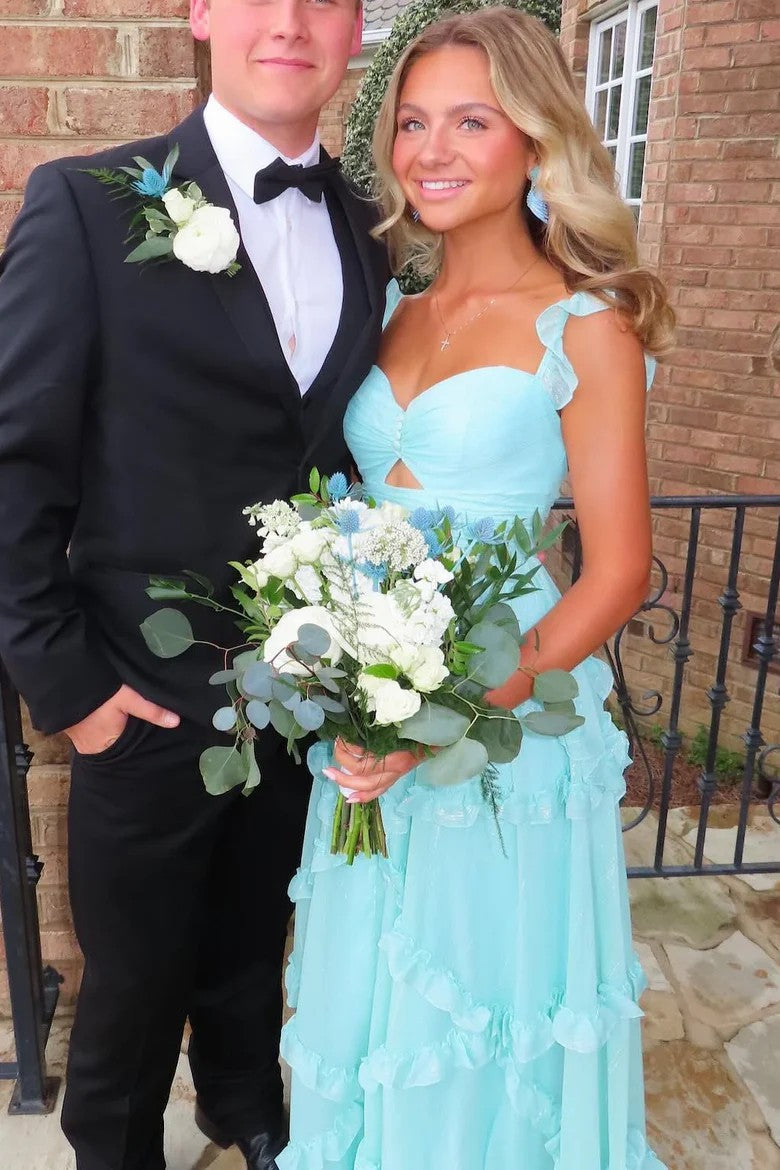 Lumidress Blue A-Line Sweetheart Long Prom Dress with Ruffle Detail