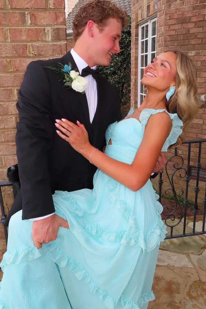 Lumidress Blue A-Line Sweetheart Long Prom Dress with Ruffle Detail
